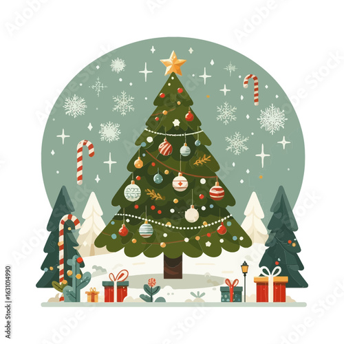 A holiday flat-style illustration of a decorated Christmas tree surrounded by gifts, snow, and candy canes, great for websites or blogs about seasonal events, retail, holidays, or winter greetings.

