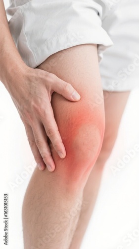 Person holding knee with visible redness and swelling, indicating pain or injury.
