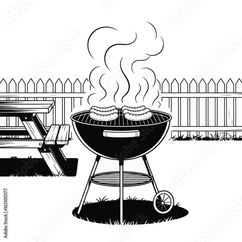 Black and white illustration of a barbecue grill with food cooking and steam rising in a backyard setting with a picnic table and fence