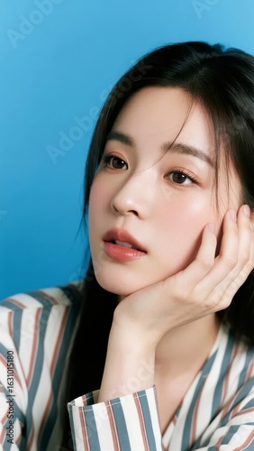 A person with dark hair and striped attire resting their chin on their hand against a blue background