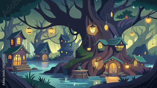 Enchanting forest village scene with whimsical houses and glowing lanterns in a magical woodland setting