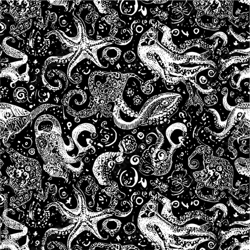 Seamless monochrome pattern featuring detailed octopus and starfish in a dense arrangement design art 100