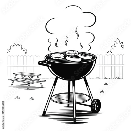 Hand drawn sketch of a charcoal grill cooking burgers with steam rising
