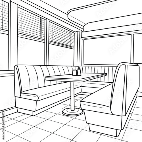 Diner booth seating with table and salt and pepper shakers