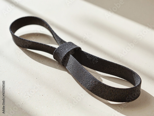resistance band casually knotted on cream table, texture detail in close-up. Intentional imperfection adds tactility and character to a clean setup.