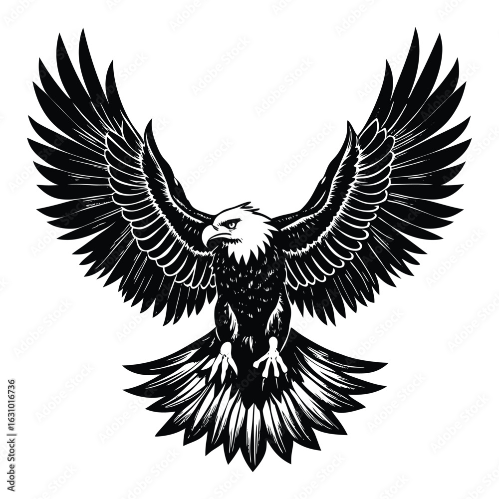 Fototapeta premium Flying Eagle Black and White Vector Illustration – Aggressive Bald Eagle with Spread Wings