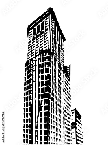 Vector Stylized cityscape features modern buildings with geometric details.
