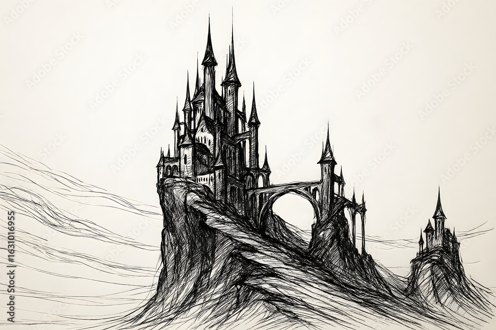 Obraz premium Castle on Mountain Sketch