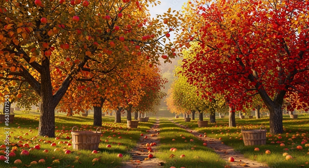 Naklejka premium An autumnal apple orchard with vibrant red and orange trees, a winding path, and baskets of freshly harvested fruit.