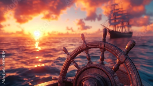 Seascape with a ship at dawn seen through the helm wheel towards the horizon