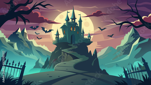 Eerie Halloween night with spooky castle and bats against the moon, perfect for fantasy themed designs