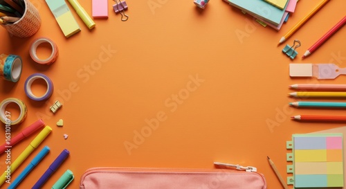 school stationery isolated on orange background