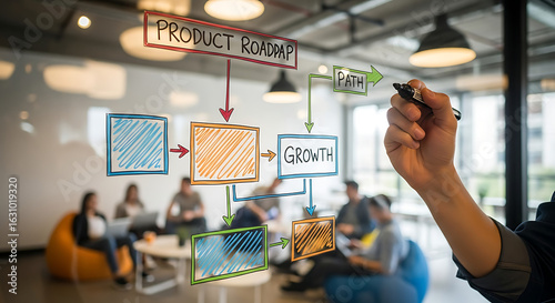 Business team collaborating on a product development roadmap drawn on a glass whiteboard in a modern office setting