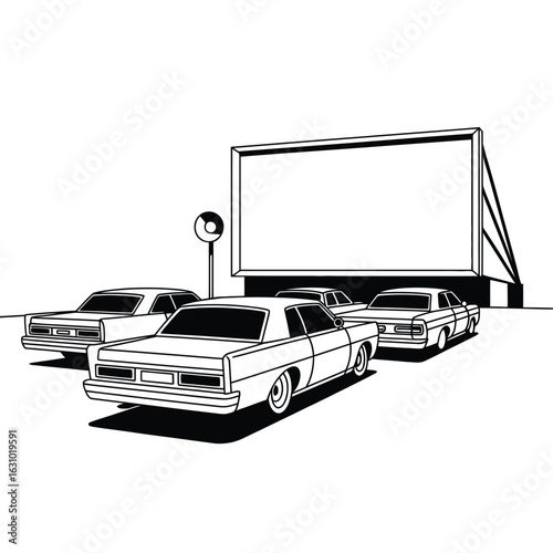 Retro drive in movie theater with classic cars