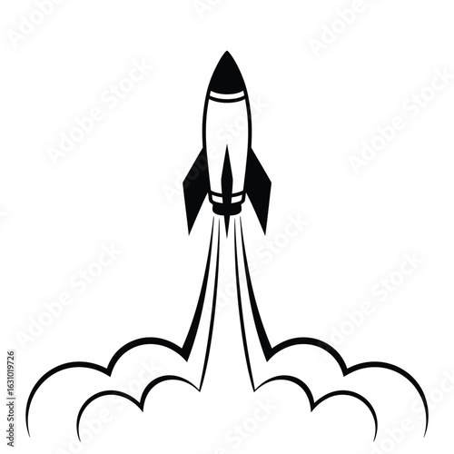 Stylized rocket launch with smoke trails on white background