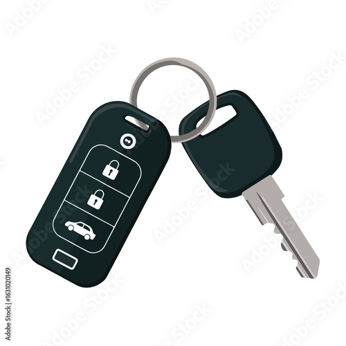 A close up of a car key with a remote that has a lock and car symbol attached to a metal ring object