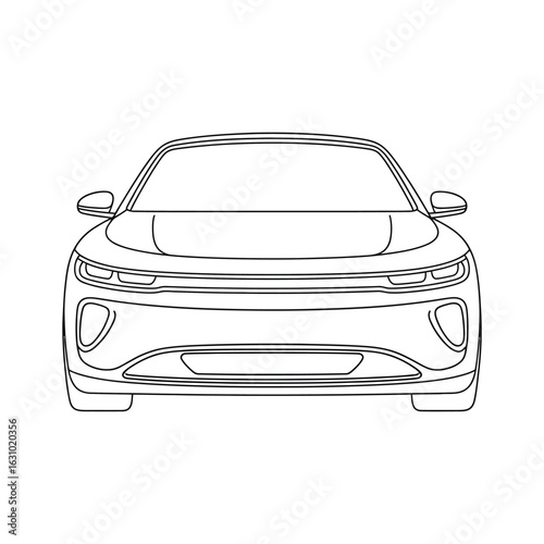 Front view line drawing of a modern electric sedan