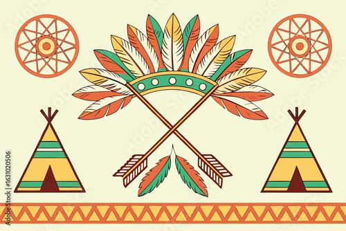 Native American tribal elements including headdress arrows teepees and decorative wheels on a light yellow background
