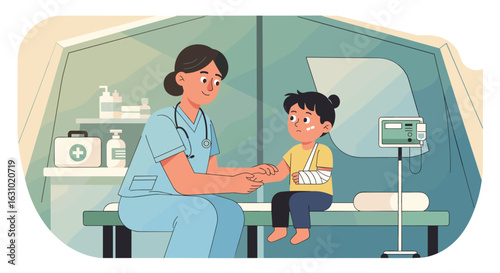 Caring female nurse in blue scrubs comforting a young child with a bandaged broken arm in a field hospital tent.