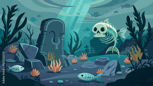 Whimsical underwater scene with fish skeletons and ancient ruins, perfect for eerie, fantasy illustrations