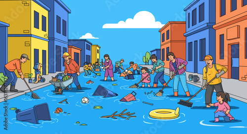 Community of diverse people adults and children cleaning a flooded urban street with brooms and a wheelbarrow.