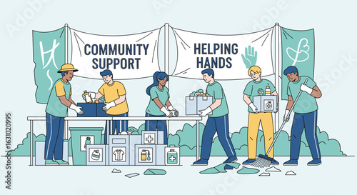 Diverse group of volunteers sorting donations and cleaning up at a community support event.