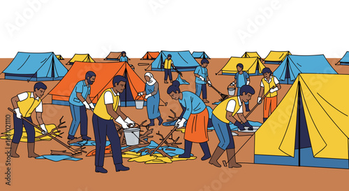 Illustration of diverse volunteers cleaning debris with rakes and buckets in a colorful tent camp after a disaster.