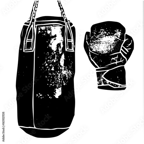 Vector Boxing glove and punching bag in monochrome style.