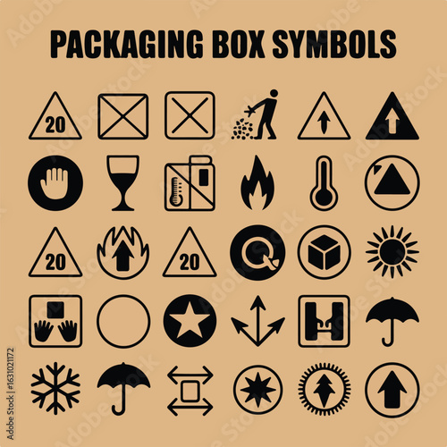 Illustration of packaging box symbols including temperature fragile and handle with care icons displayed