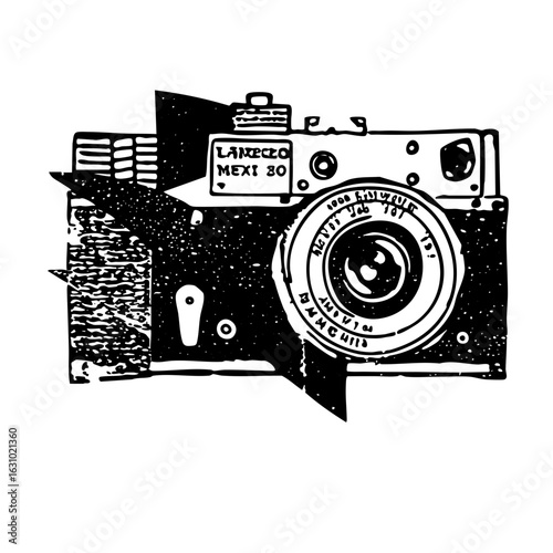 Vector Vintage camera with prominent lens and text details.