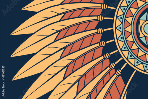 Native American Headdress Feather Detail with Geometric Pattern on Dark Blue Background vector
