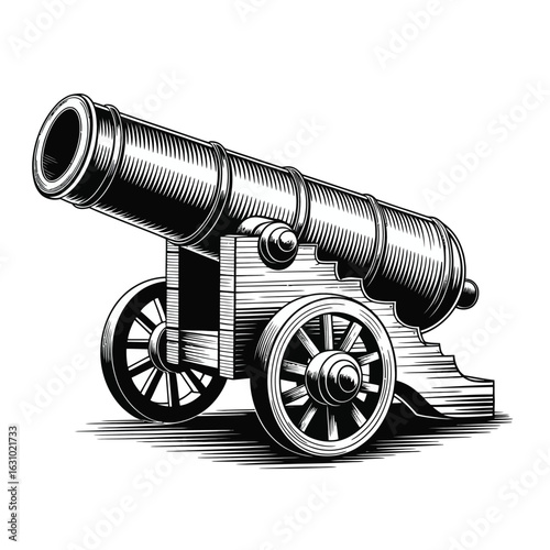 Vintage engraved cannon on wooden wheels