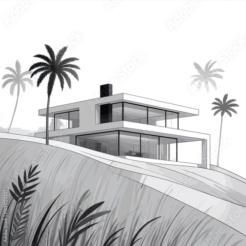 Modern architectural sketch of a luxury villa on a hillside with palm trees