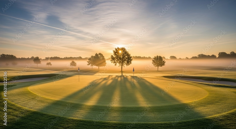 Naklejka premium Sunrise over a golf course fairway, with trees casting long shadows on the morning mist.