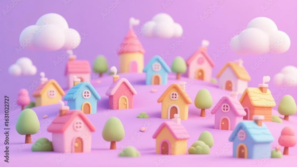 Fototapeta premium Pastel-colored village with whimsical houses and fluffy clouds