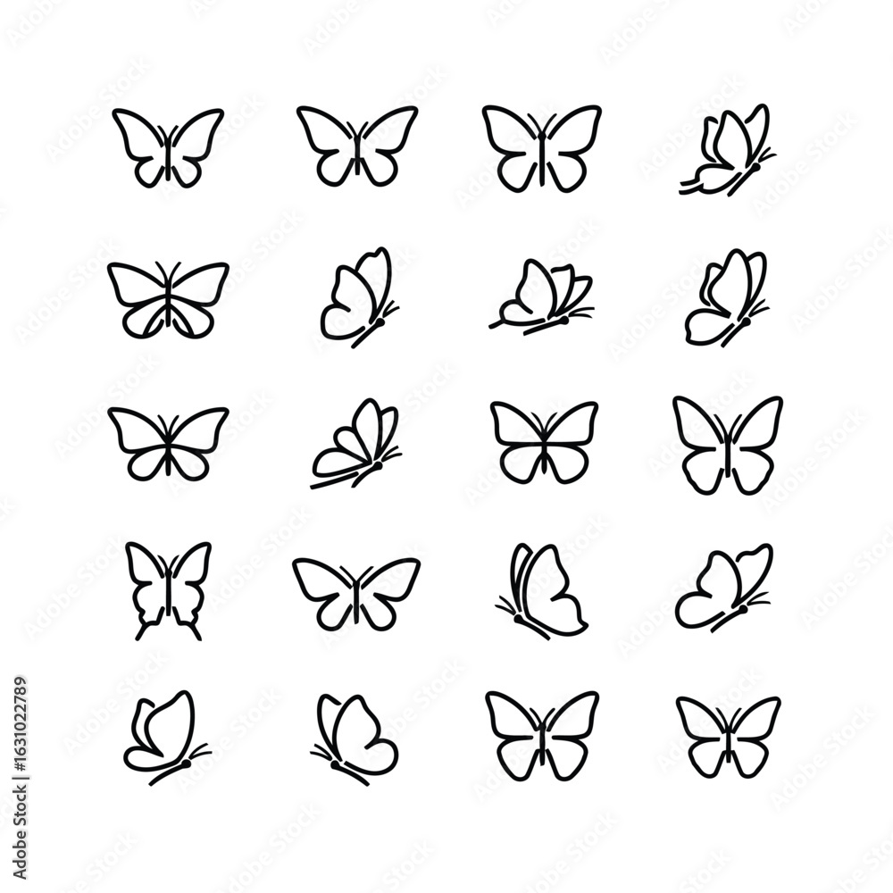 Fototapeta premium Vector art of collection of simple butterfly line art designs, isolated on white background