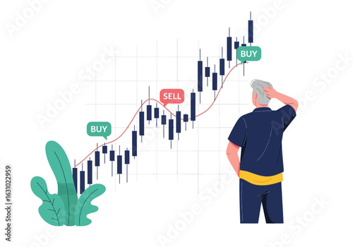 Elderly man pondering investment strategy while looking at a volatile stock market candlestick chart with buy and sell indicators.