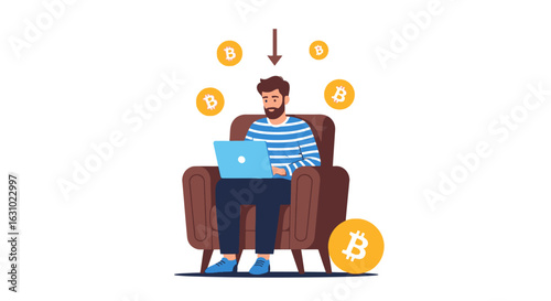 Stressed investor sitting in an armchair with a laptop, watching the cryptocurrency market crash. Concept of financial loss and digital currency volatility.