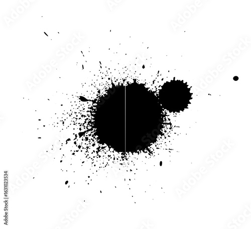 Vector Abstract splatter with central dark shape and scattered ink dots.