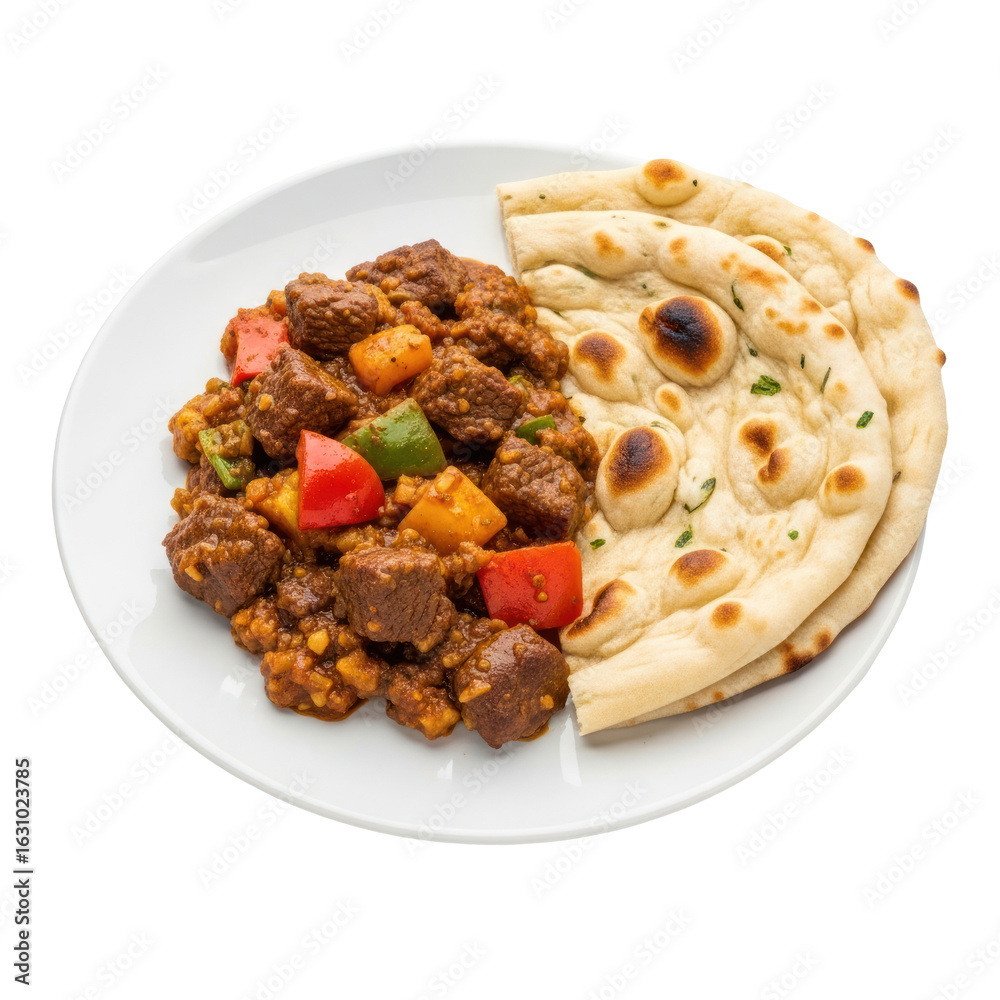Naklejka premium Savory Beef Stew with Colorful Peppers Served Alongside Freshly Baked Naan Bread on a White Plate Isolated on Transparent Background