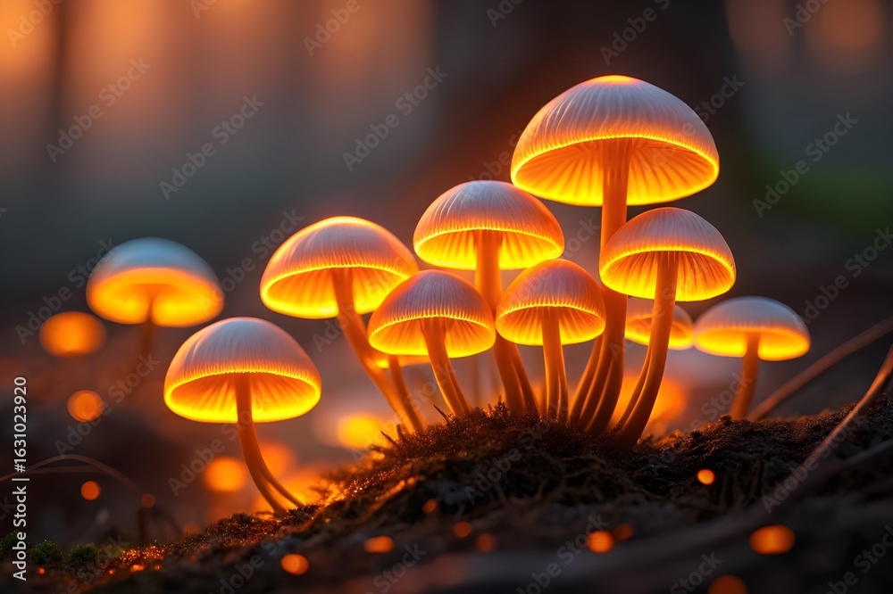 Fototapeta premium A cluster of bioluminescent mushrooms glowing with warm orange light in the dark forest image