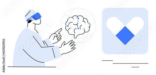 Medical professional using VR headset interacting with brain visualization, next to healthcare app icon. Ideal for medical innovation, AI, neurotechnology, virtual reality, health tech, research