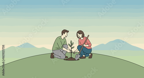 A happy young couple a man and a woman kneeling together to plant a small tree sapling with a shovel.