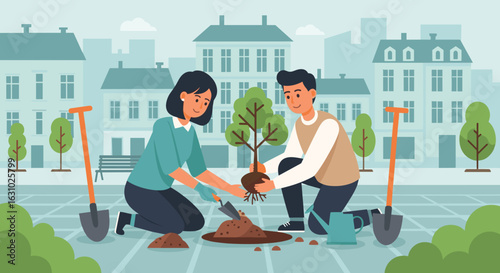 A smiling man and woman planting a young tree sapling together in a city park a flat vector illustration.