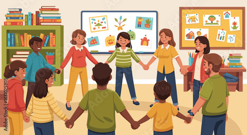 Diverse group of smiling children and adults holding hands together in a circle symbolizing unity and community.