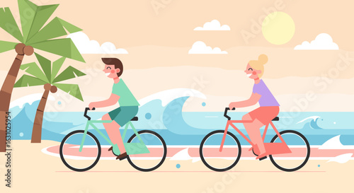 Flat vector illustration of a happy couple enjoying a leisurely bicycle ride together.