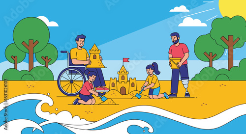 Happy family with disabilities building a sandcastle together on a sunny beach day.