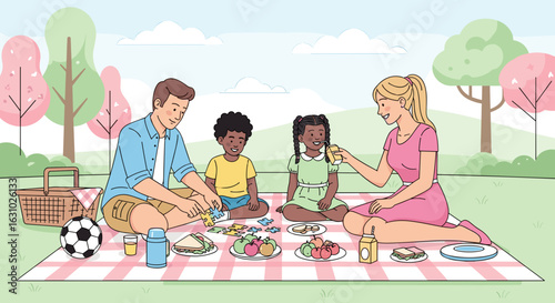 Happy multiracial family of four enjoying a picnic playing with a puzzle and eating sandwiches on a checkered blanket.