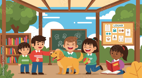 Joyful cartoon children and a friendly dog learning and playing together in a vibrant outdoor classroom.