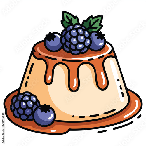 Panna cotta dessert with berries, fruit topping, and sweet sauce in outline art, perfect for bakery themes, food design, and pastry vector projects